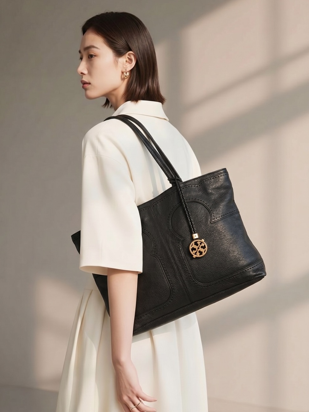 Tory Burch Black Pebbled Amalie Leather Tote with Gold Logo Charm